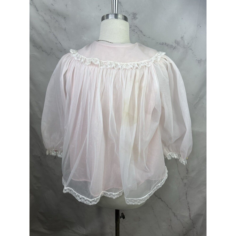 Vintage 60s Dainty Chiffon Bed Jacket Flower Pink pastel Cottage Soft Girl MCM M - Picture 3 of 16